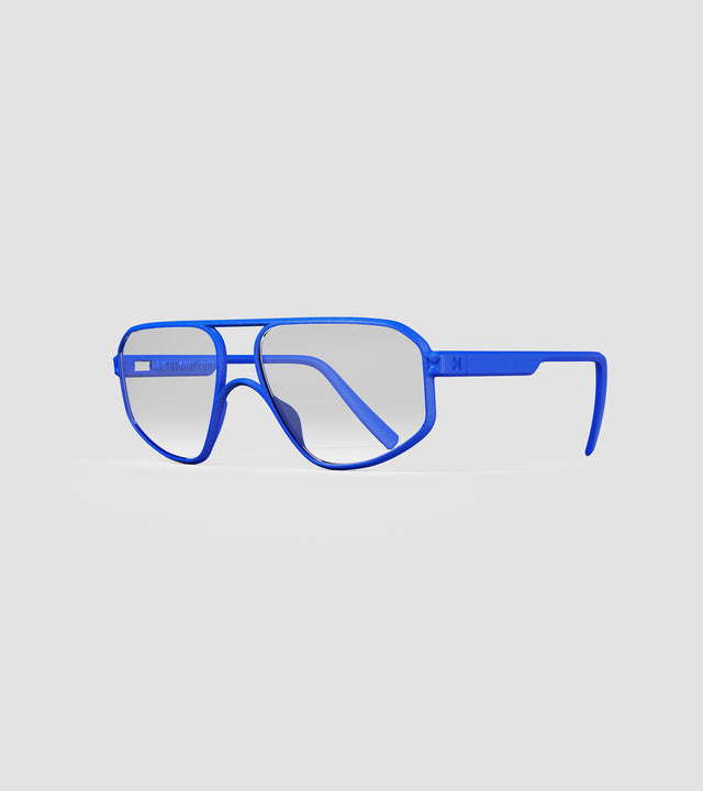 Blue 3D-printed aviator frames offering stylish and comfortable fit for diverse facial features.