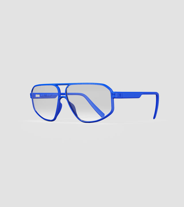 3D-printed blue wide bridge glasses for high bridge noses, offering modern aesthetics