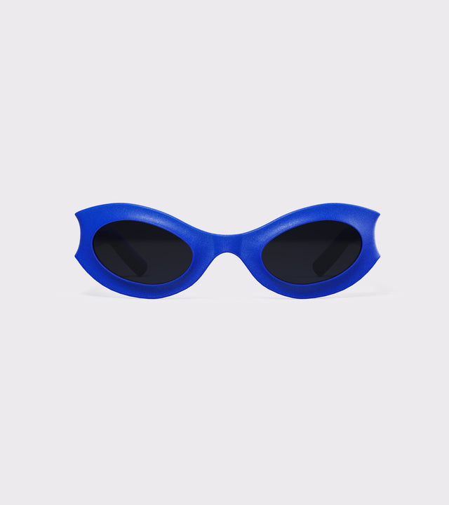 Futuristic blue oval sunglasses with dark lenses, perfect for bold fashion lovers