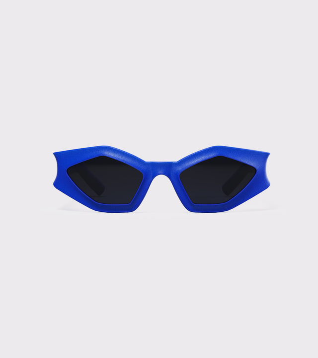 Bold blue 3D printed sunglasses with angular frames and dark lenses, offering a unique style and a great fit for various nose bridges