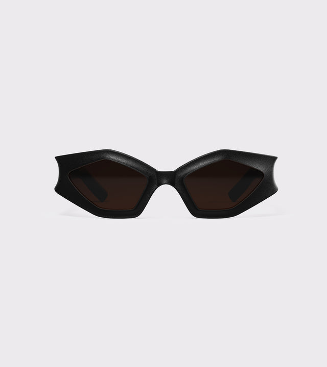 Bold black 3D printed sunglasses with angular frames and dark lenses, offering a unique style and a great fit for various nose bridges