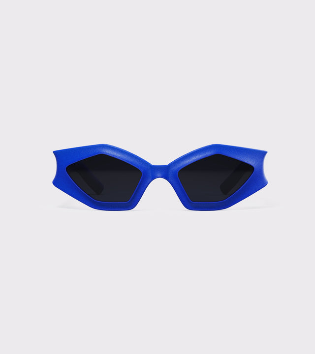 Bold blue 3D printed sunglasses with angular frames and dark lenses, offering a unique style and a great fit for various nose bridges