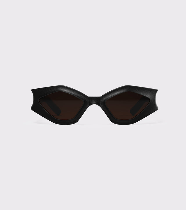 Bold black 3D printed sunglasses with angular frames and dark lenses, offering a unique style and a great fit for various nose bridges
