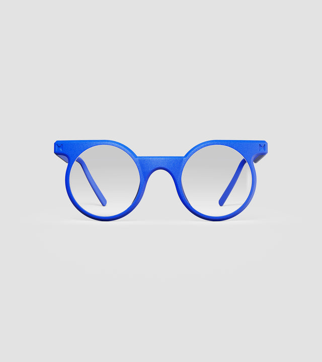 Loto eyeglasses in bold blue with distinctive round shape