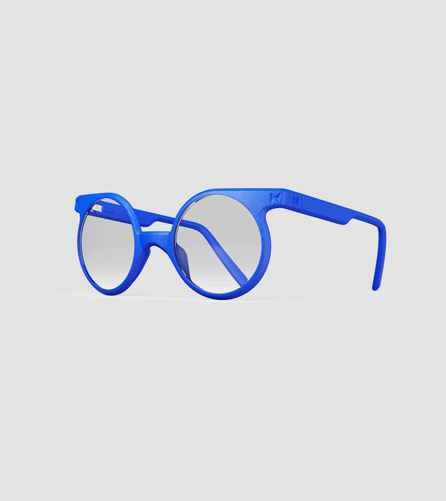 Distinctive blue Loto eyeglasses with a modern twist on round frames